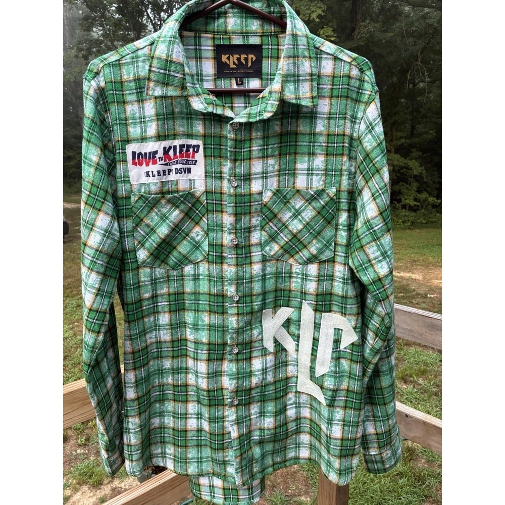 KLEEP PHRESH Plaid Flannel Shirt Mens Large Green Button Up Streetwear KLP Patch